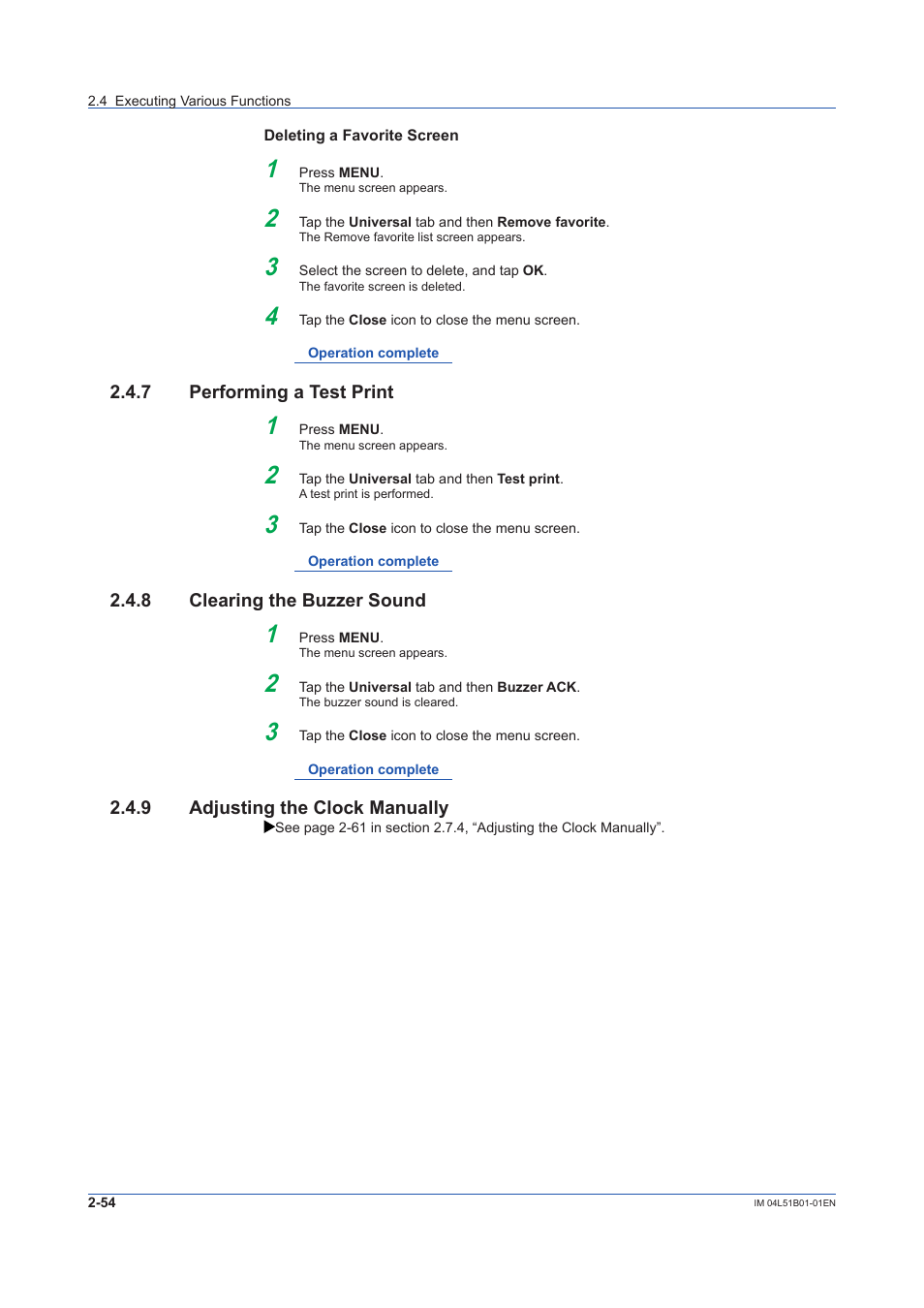 7 performing a test print, 8 clearing the buzzer sound, 9 adjusting the clock manually | Performing a test print -54, Clearing the buzzer sound -54, Adjusting the clock manually -54 | Yokogawa Touch Screen GP20 User Manual | Page 238 / 446