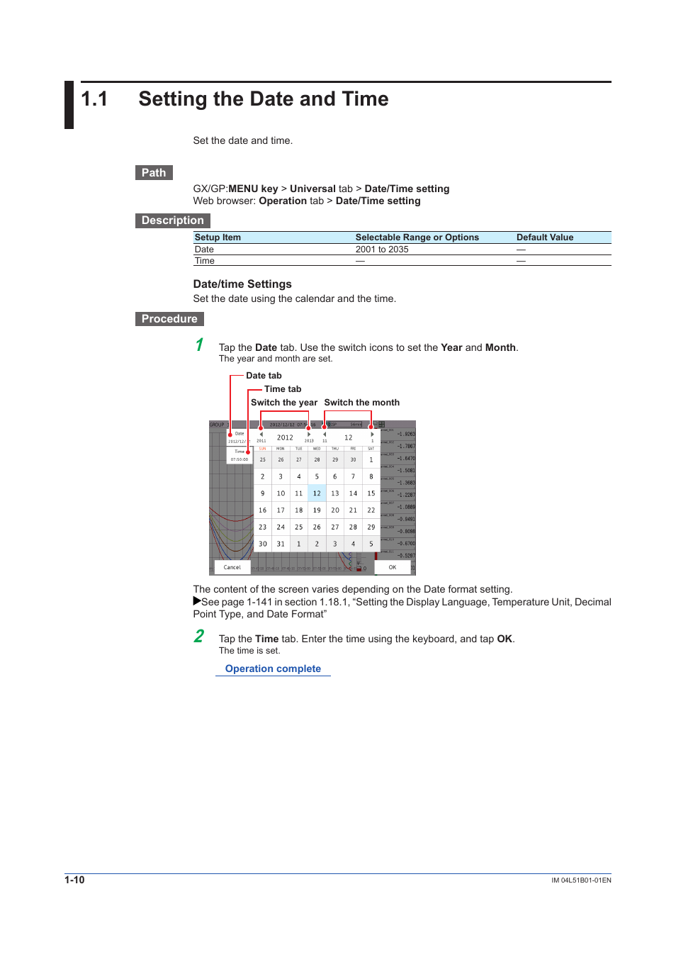 1 setting the date and time, Setting the date and time -10 | Yokogawa Touch Screen GP20 User Manual | Page 24 / 446