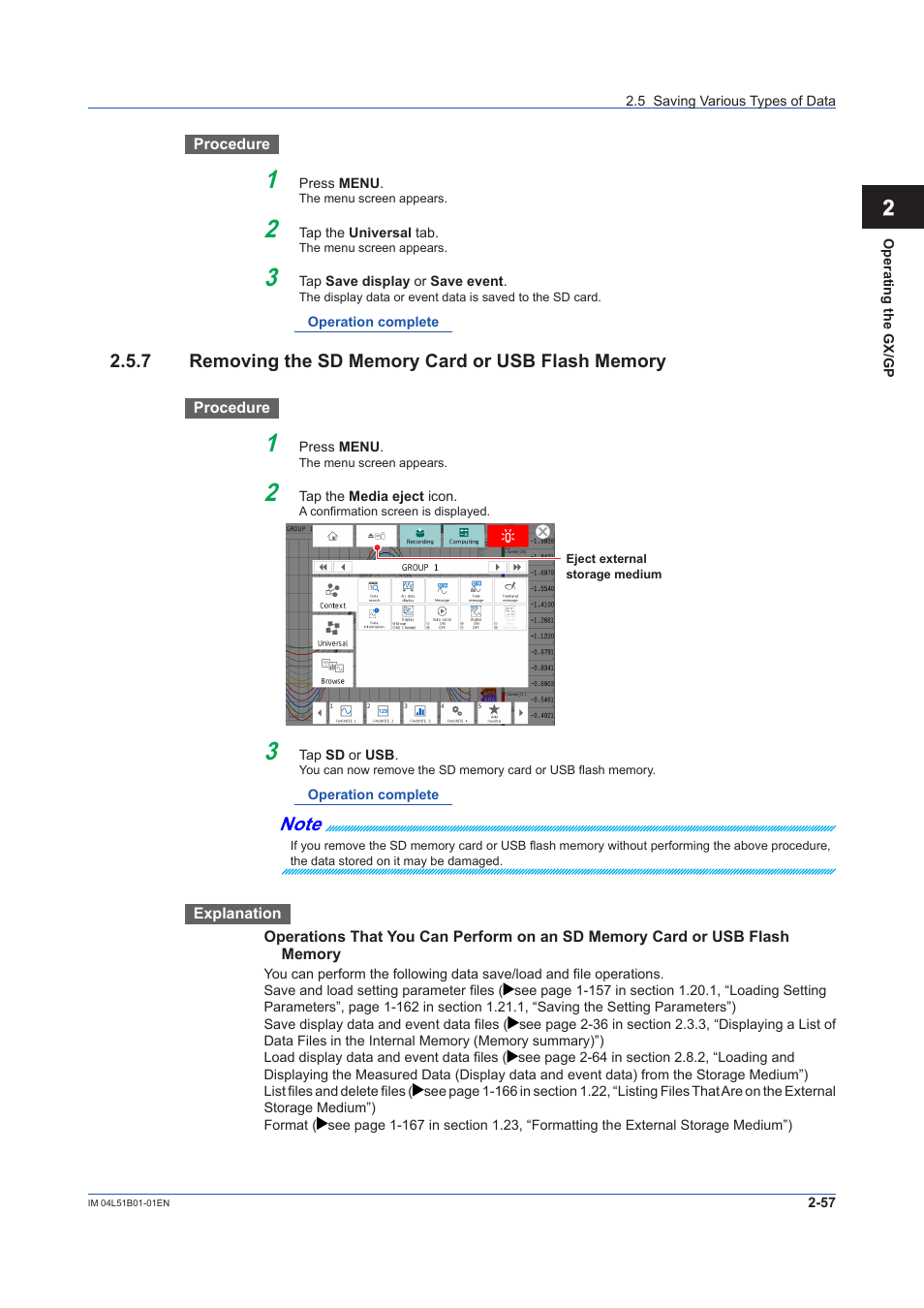 7 removing the sd memory card or usb flash memory | Yokogawa Touch Screen GP20 User Manual | Page 241 / 446