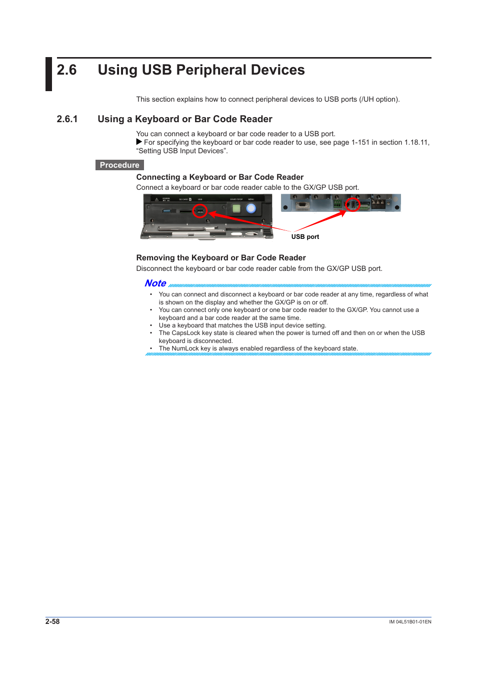 6 using usb peripheral devices, 1 using a keyboard or bar code reader, Using usb peripheral devices -58 | Using a keyboard or bar code reader -58 | Yokogawa Touch Screen GP20 User Manual | Page 242 / 446