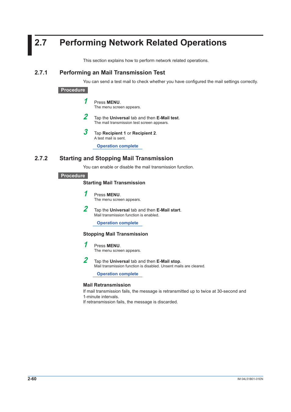 7 performing network related operations, 1 performing an mail transmission test, 2 starting and stopping mail transmission | Performing network related operations -60, Performing an mail transmission test -60, Starting and stopping mail transmission -60 | Yokogawa Touch Screen GP20 User Manual | Page 244 / 446