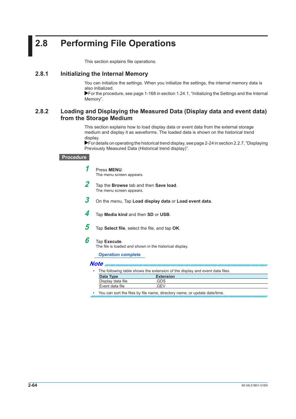 8 performing file operations, 1 initializing the internal memory, Performing file operations -64 | Initializing the internal memory -64, Medium -64, Loading and displaying, The measured data (display, Data and event data) from, The storage medium”) | Yokogawa Touch Screen GP20 User Manual | Page 248 / 446