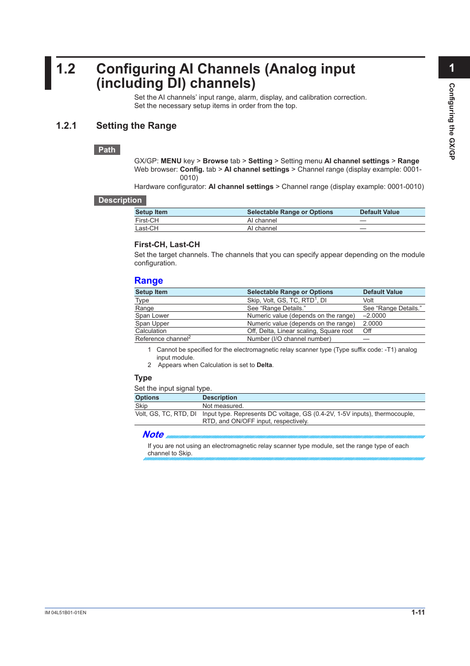 1 setting the range, Setting the range -11, Range | Yokogawa Touch Screen GP20 User Manual | Page 25 / 446