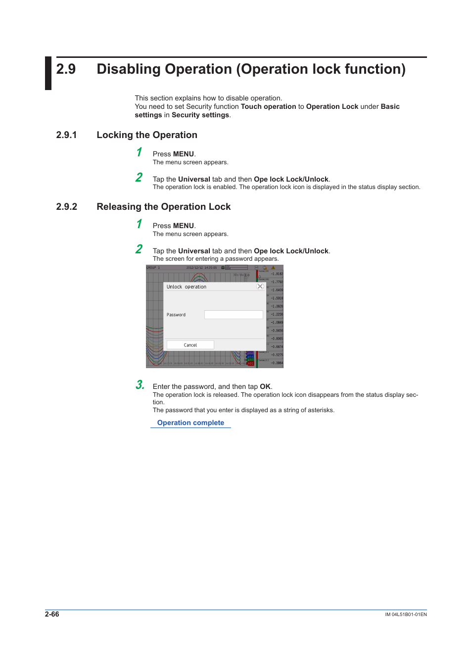 9 disabling operation (operation lock function), 1 locking the operation, 2 releasing the operation lock | Disabling operation (operation lock function) -66, Locking the operation -66, Releasing the operation lock -66 | Yokogawa Touch Screen GP20 User Manual | Page 250 / 446