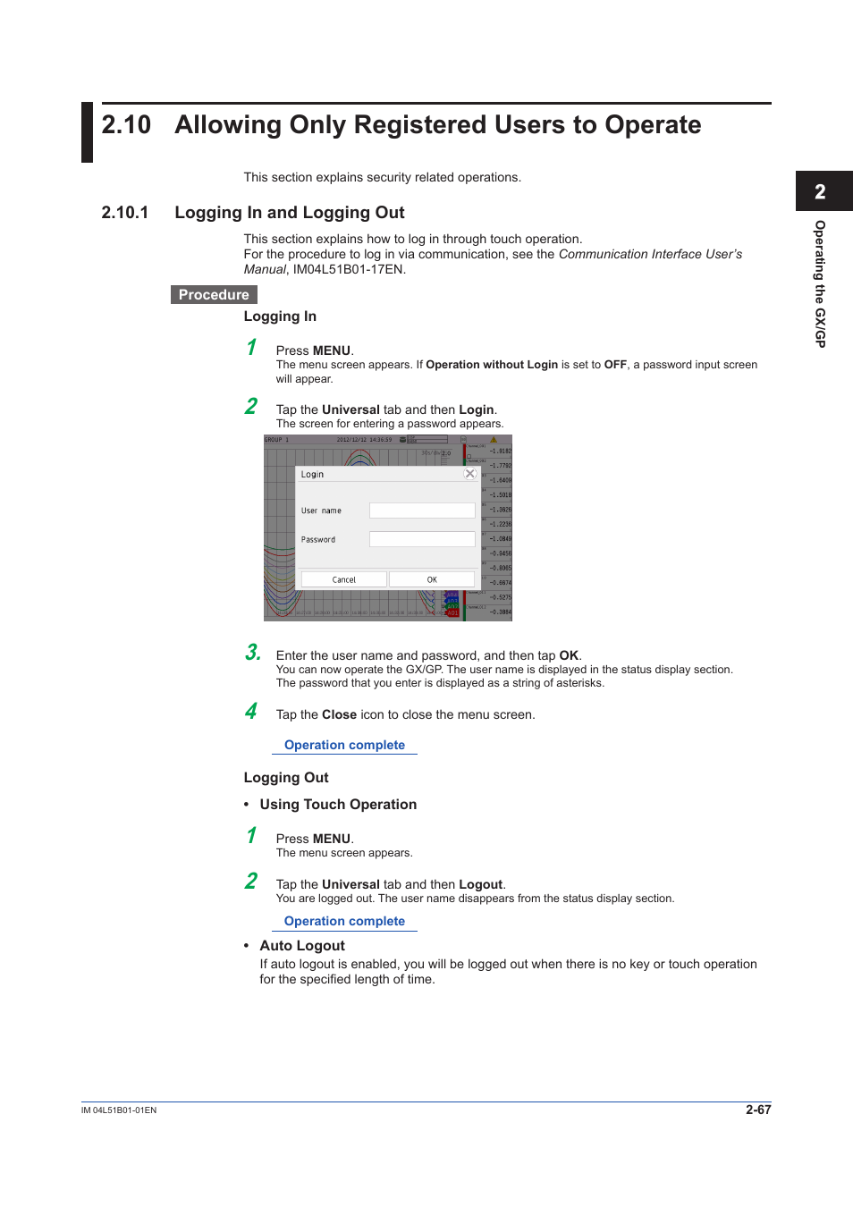 10 allowing only registered users to operate, 1 logging in and logging out, Allowing only registered users to operate -67 | 1 logging in and logging out -67 | Yokogawa Touch Screen GP20 User Manual | Page 251 / 446