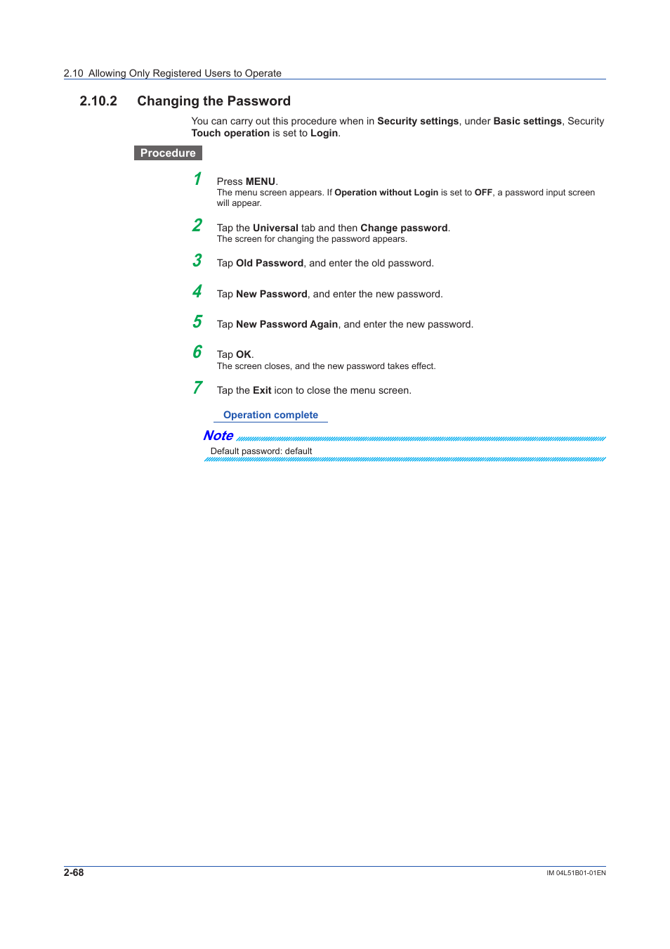 2 changing the password, 2 changing the password -68 | Yokogawa Touch Screen GP20 User Manual | Page 252 / 446