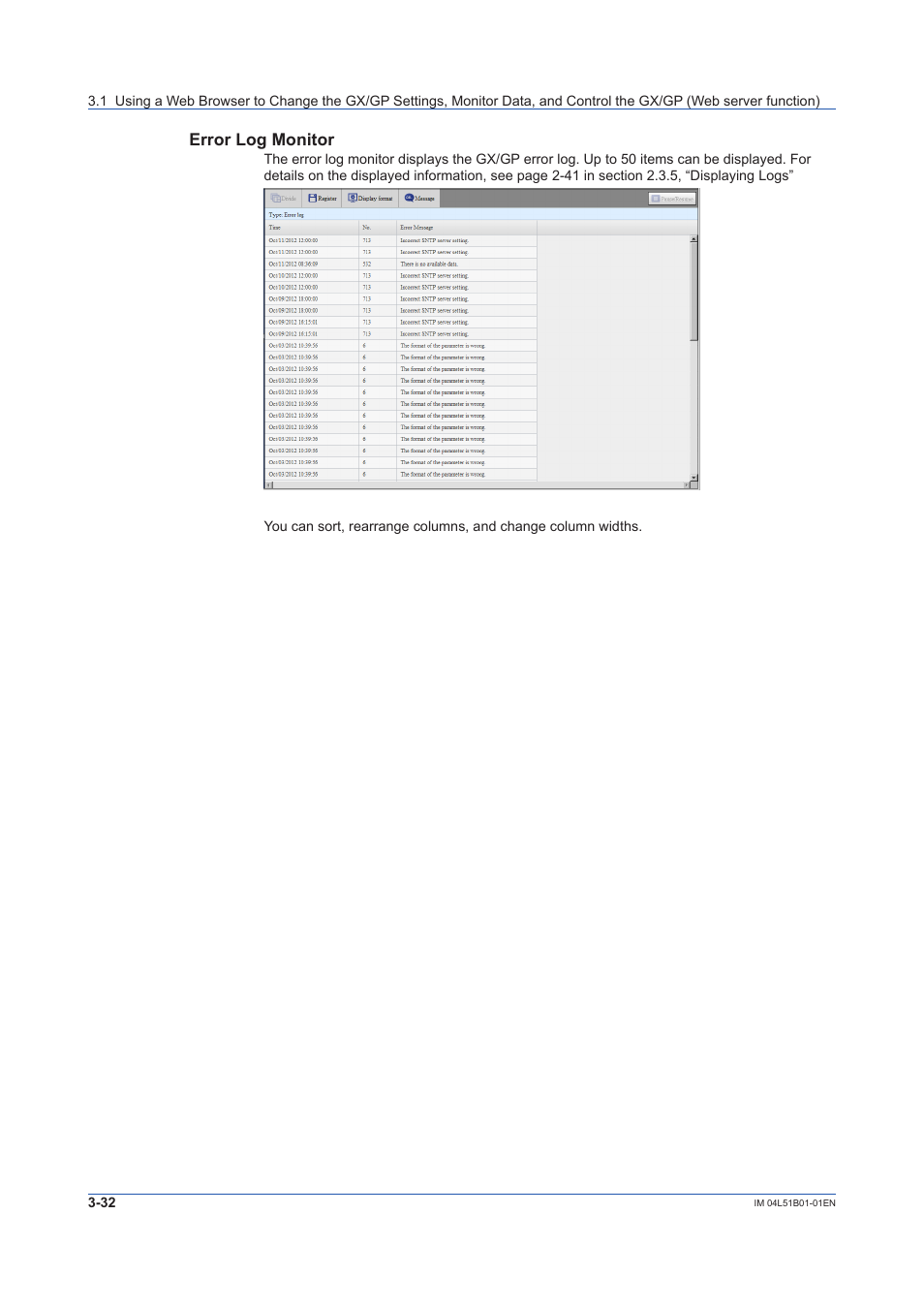 Error log monitor | Yokogawa Touch Screen GP20 User Manual | Page 284 / 446