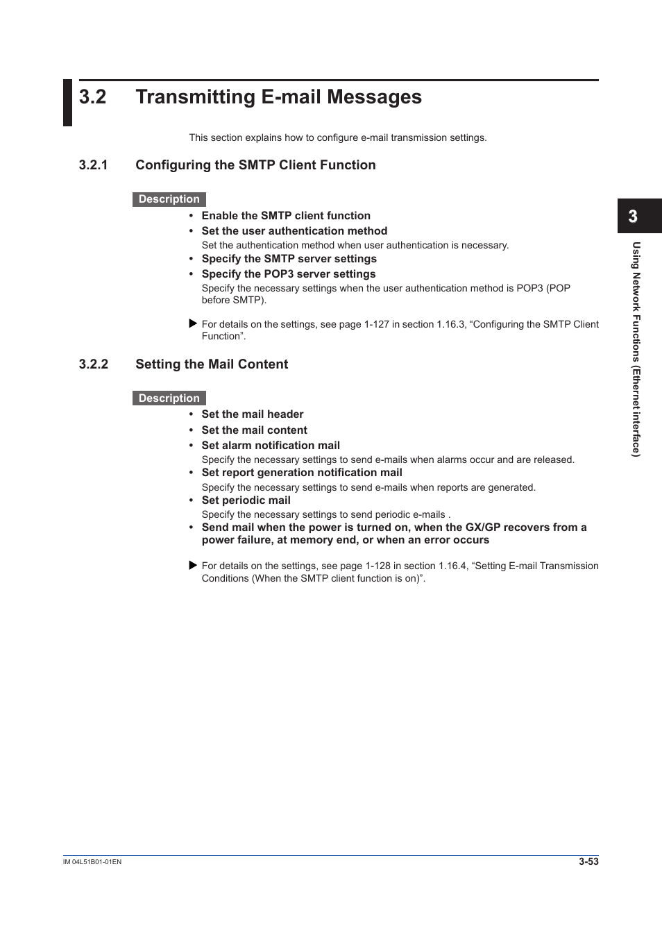 2 transmitting e-mail messages, 1 configuring the smtp client function, 2 setting the mail content | Transmitting e-mail messages -53, Configuring the smtp client function -53, Setting the mail content -53 | Yokogawa Touch Screen GP20 User Manual | Page 305 / 446