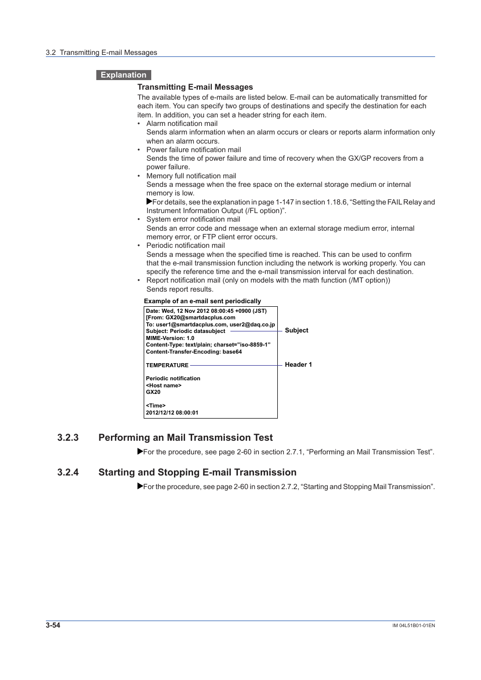 3 performing an mail transmission test, 4 starting and stopping e-mail transmission, Performing an mail transmission test -54 | Starting and stopping e-mail transmission -54 | Yokogawa Touch Screen GP20 User Manual | Page 306 / 446