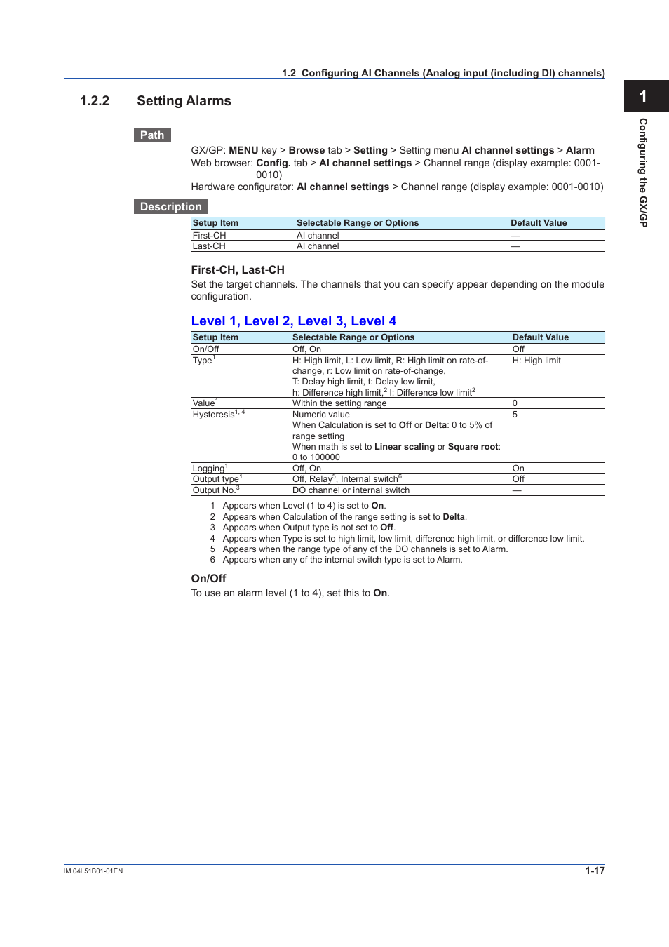 2 setting alarms, Setting alarms -17, App 1.2.2 setting alarms | Level 1, level 2, level 3, level 4 | Yokogawa Touch Screen GP20 User Manual | Page 31 / 446