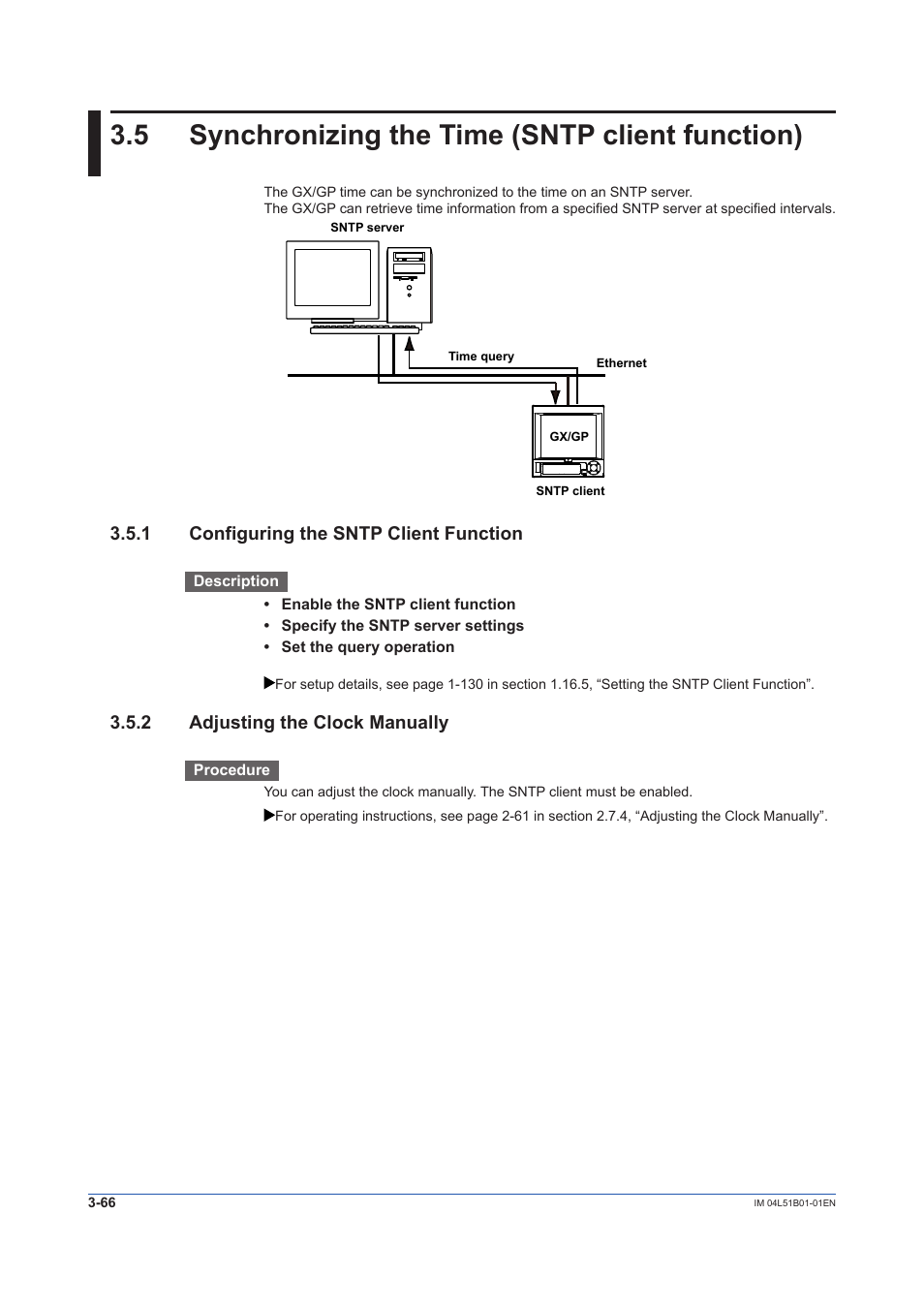 5 synchronizing the time (sntp client function), 1 configuring the sntp client function, 2 adjusting the clock manually | Synchronizing the time (sntp client function) -66, Configuring the sntp client function -66, Adjusting the clock manually -66 | Yokogawa Touch Screen GP20 User Manual | Page 318 / 446