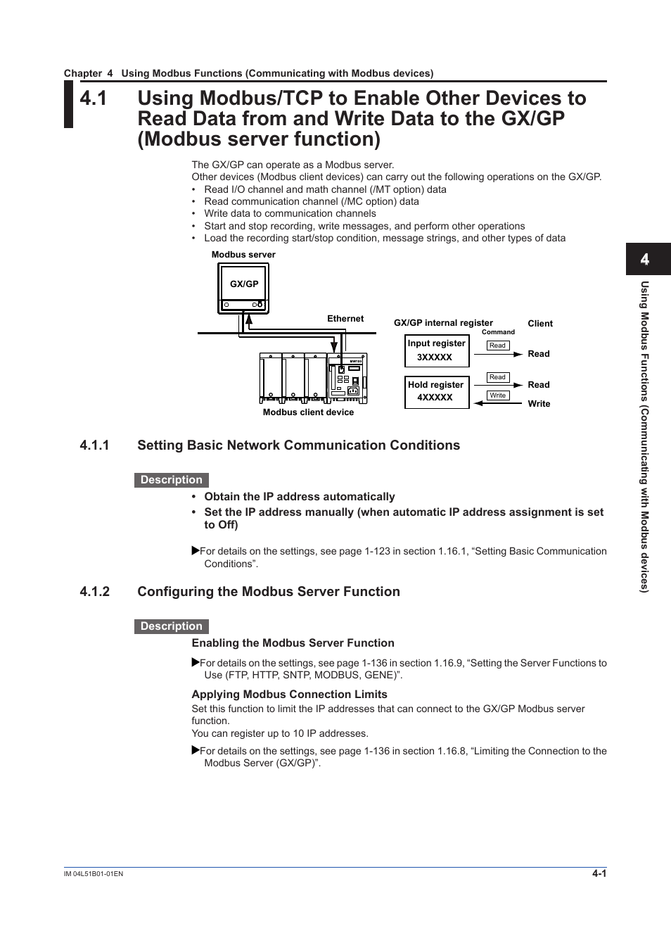 1 setting basic network communication conditions, 2 configuring the modbus server function, Setting basic network communication conditions -1 | Configuring the modbus server function -1 | Yokogawa Touch Screen GP20 User Manual | Page 321 / 446