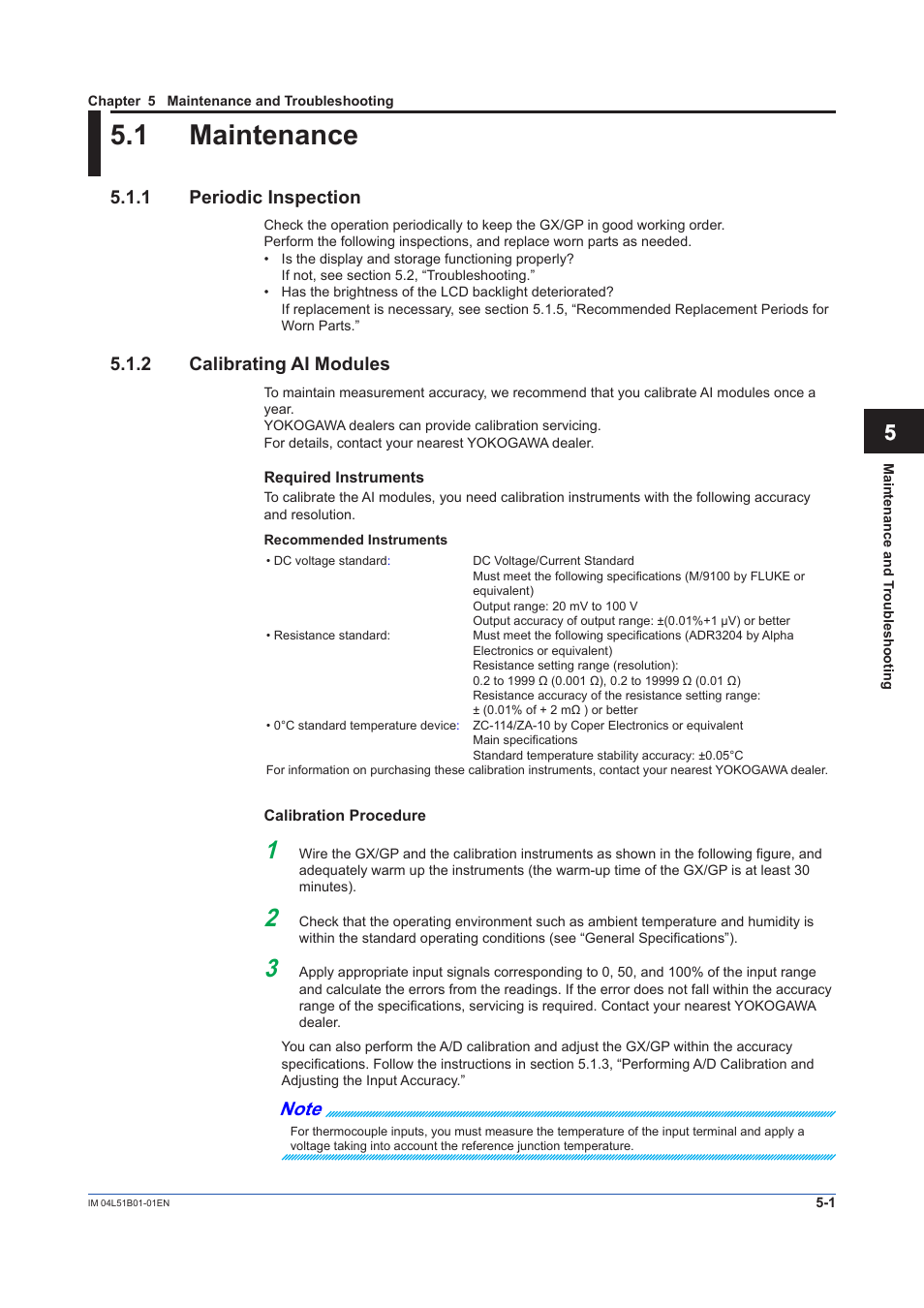 Chapter 5 maintenance and troubleshooting, 1 maintenance, 1 periodic inspection | 2 calibrating ai modules, Maintenance -1, Periodic inspection -1, Calibrating ai modules -1 | Yokogawa Touch Screen GP20 User Manual | Page 355 / 446