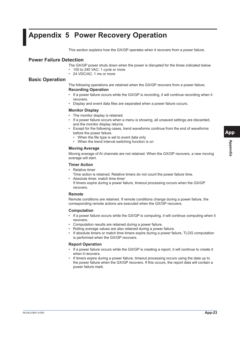 Appendix 5 power recovery operation, Power failure detection, Basic operation | Yokogawa Touch Screen GP20 User Manual | Page 399 / 446