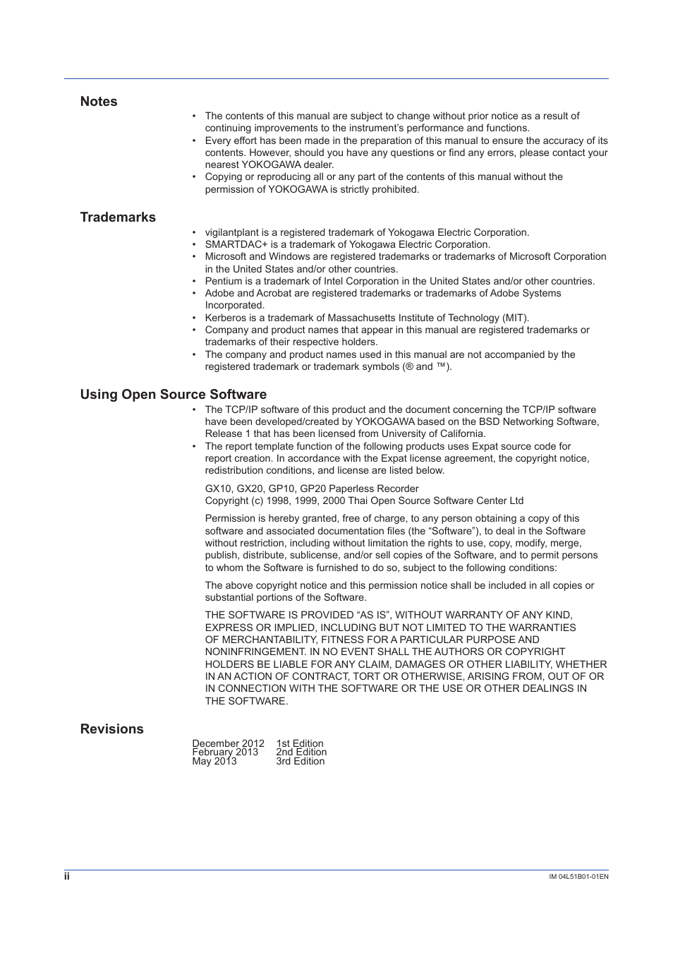 Trademarks, Using open source software, Revisions | Yokogawa Touch Screen GP20 User Manual | Page 4 / 446