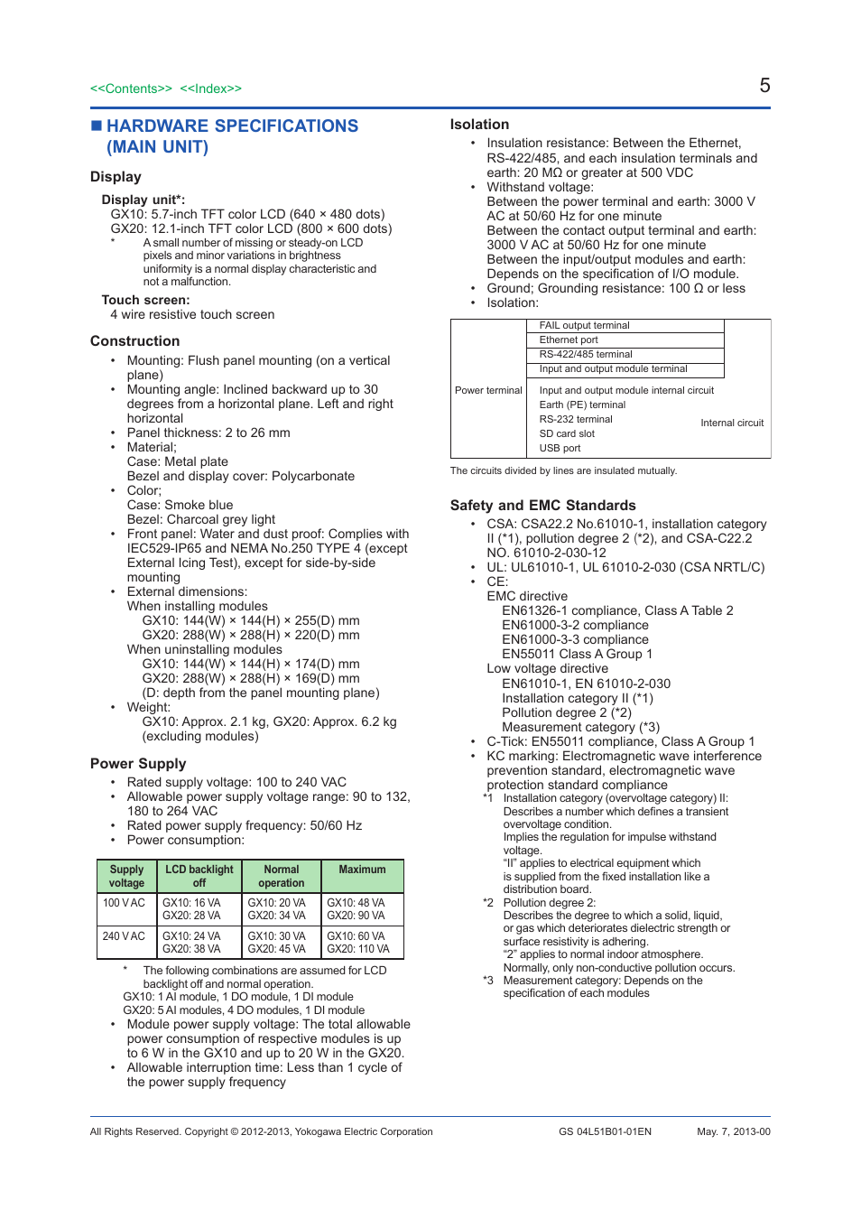 Hardware specifications (main unit) | Yokogawa Touch Screen GP20 User Manual | Page 409 / 446