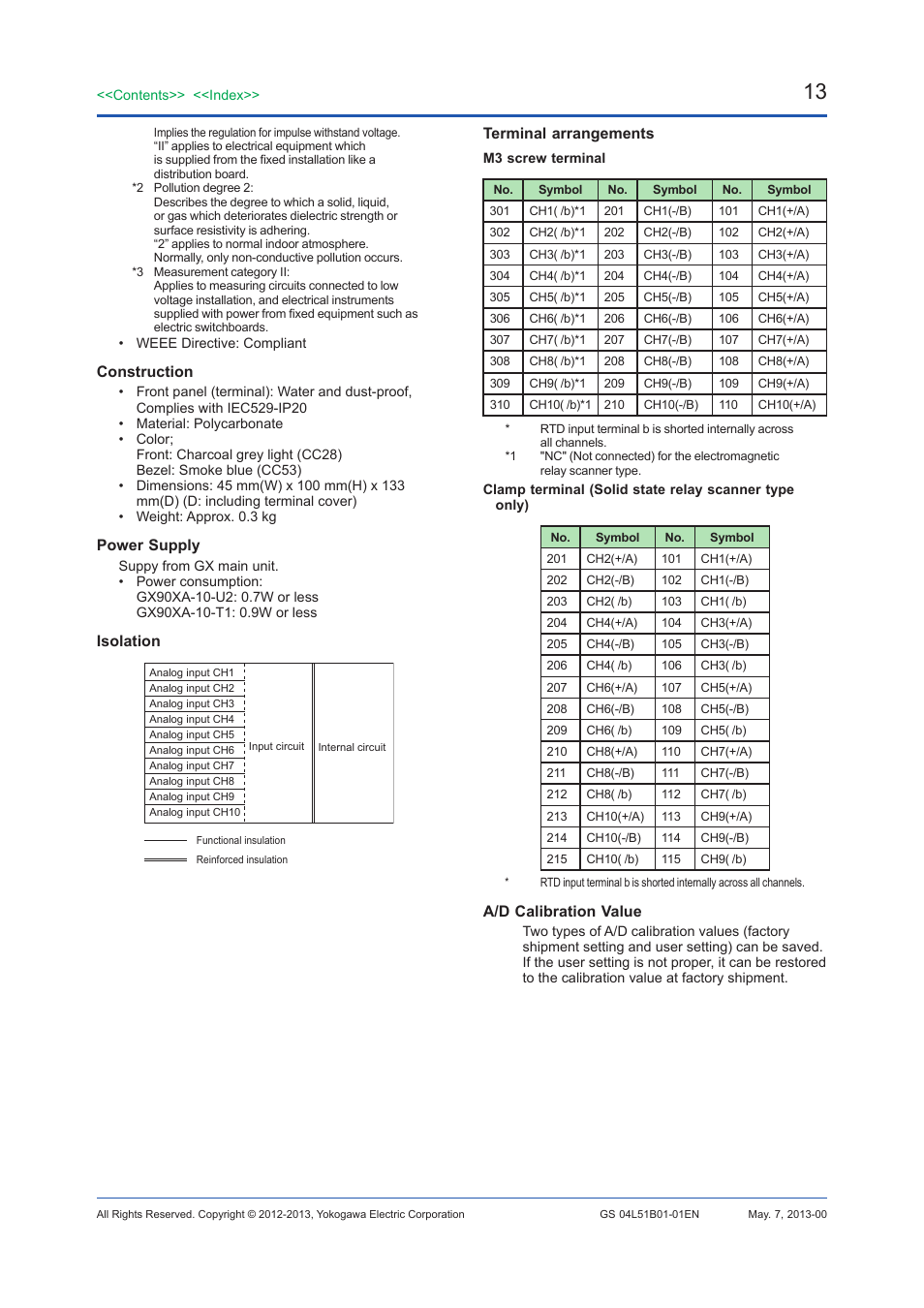 Construction, Power supply, Isolation | Terminal arrangements, A/d calibration value | Yokogawa Touch Screen GP20 User Manual | Page 417 / 446