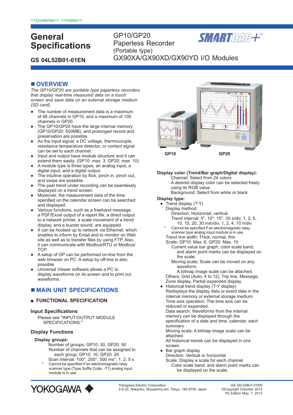 Gp10/gp20 general specifications, General specifications, Gp10/gp20 paperless recorder | Portable type), Overview, Main unit specifications | Yokogawa Touch Screen GP20 User Manual | Page 426 / 446