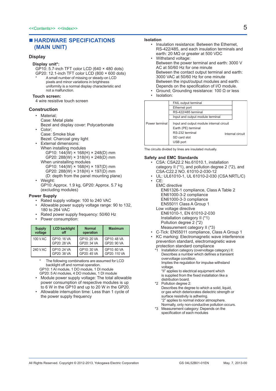 Hardware specifications (main unit) | Yokogawa Touch Screen GP20 User Manual | Page 430 / 446