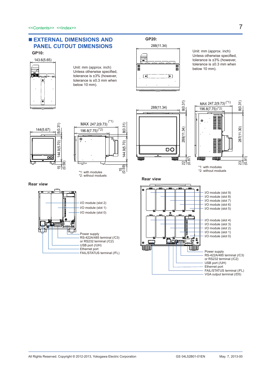 External dimensions and panel cutout dimensions | Yokogawa Touch Screen GP20 User Manual | Page 432 / 446