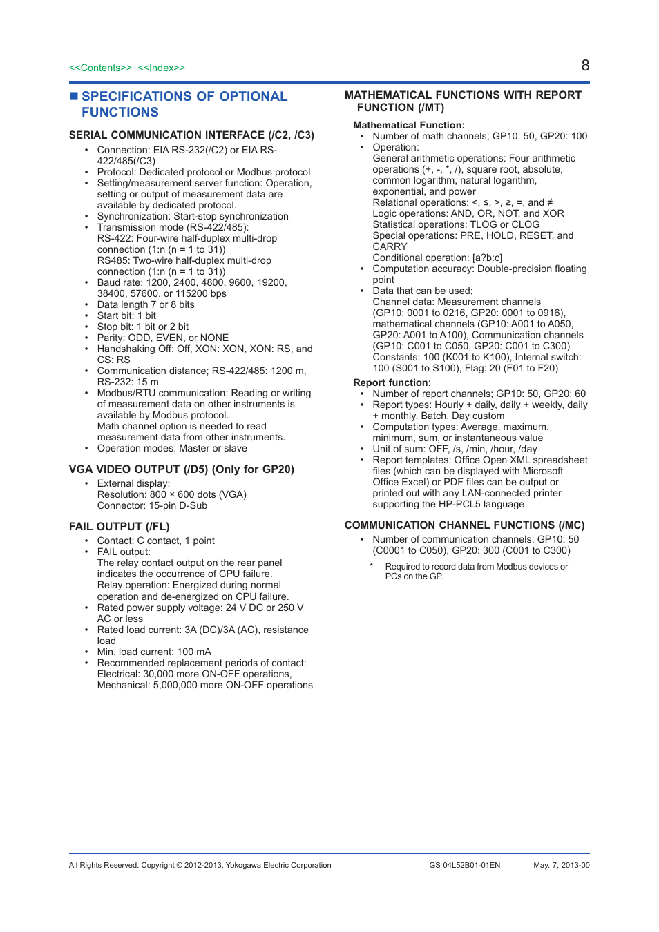 Specifications of optional functions | Yokogawa Touch Screen GP20 User Manual | Page 433 / 446