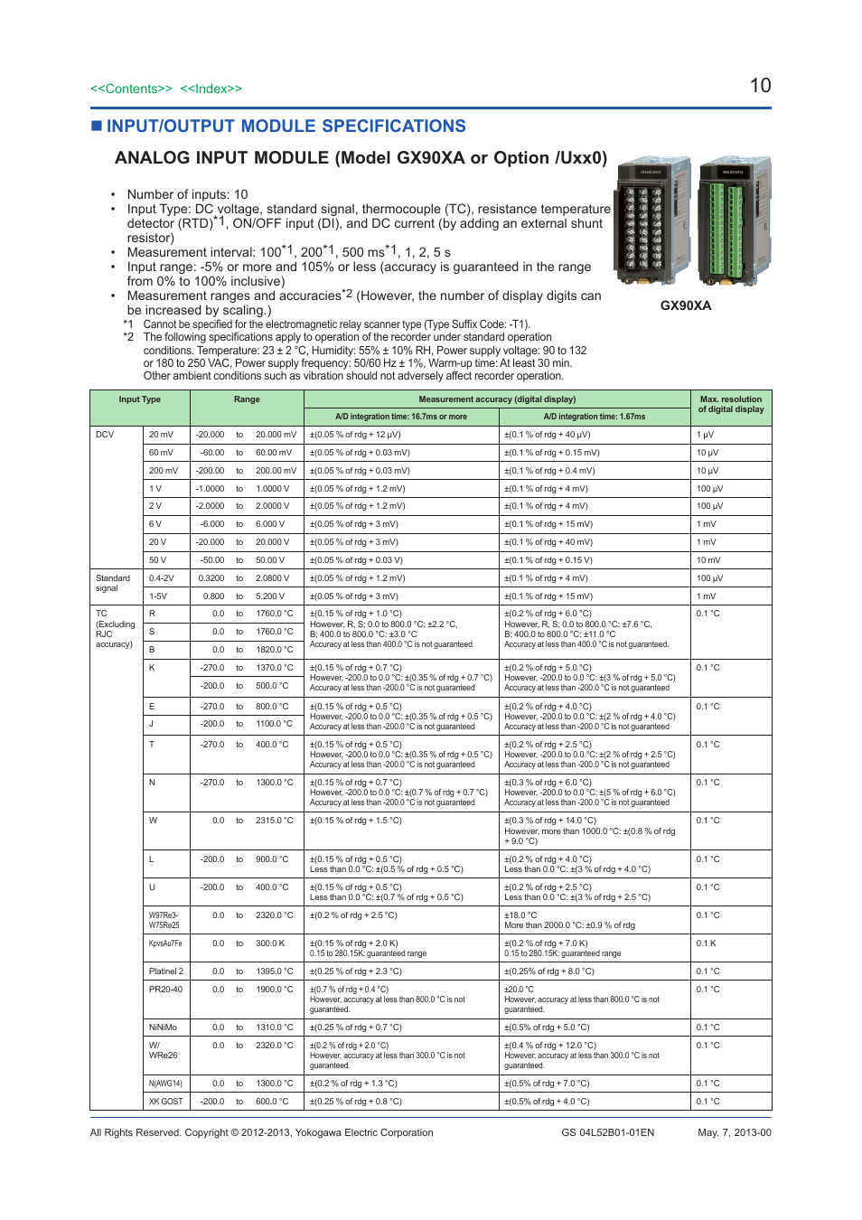 Input/output module specifications, Analog input module (model gx90xa or option /uxx0), Contents>> <<index | Gx90xa | Yokogawa Touch Screen GP20 User Manual | Page 435 / 446