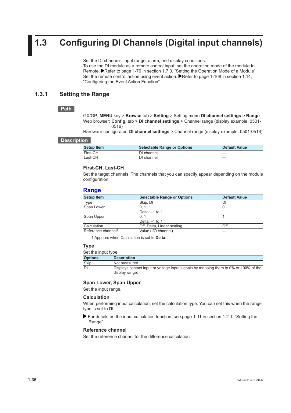 3 configuring di channels (digital input channels), 1 setting the range, Setting the range -36 | Range | Yokogawa Touch Screen GP20 User Manual | Page 50 / 446