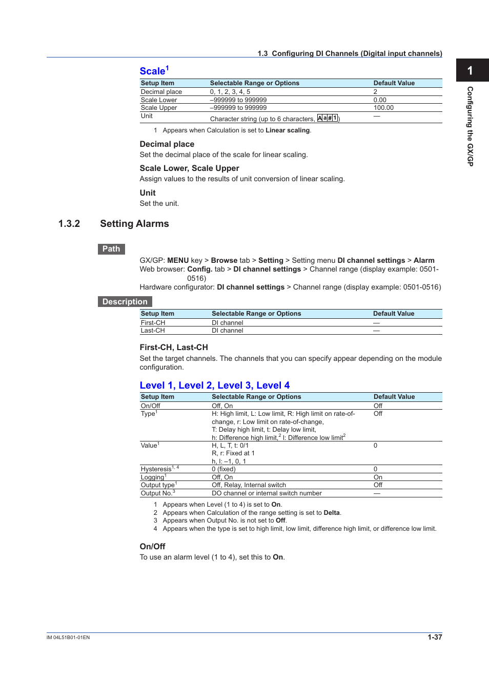 2 setting alarms, Setting alarms -37, App scale | Level 1, level 2, level 3, level 4 | Yokogawa Touch Screen GP20 User Manual | Page 51 / 446