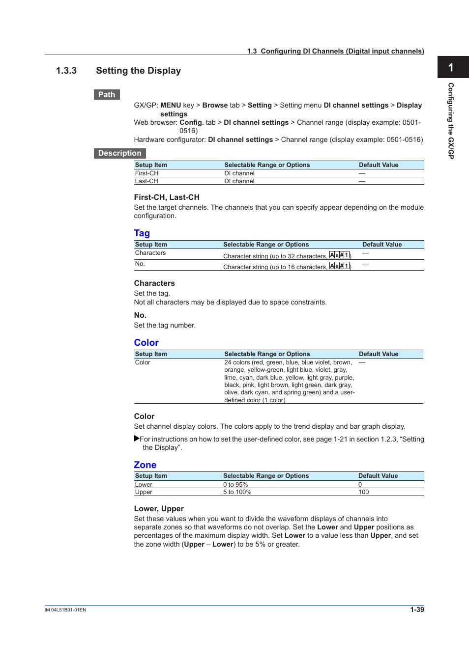 3 setting the display, Setting the display -39, App 1.3.3 setting the display | Color, Zone | Yokogawa Touch Screen GP20 User Manual | Page 53 / 446