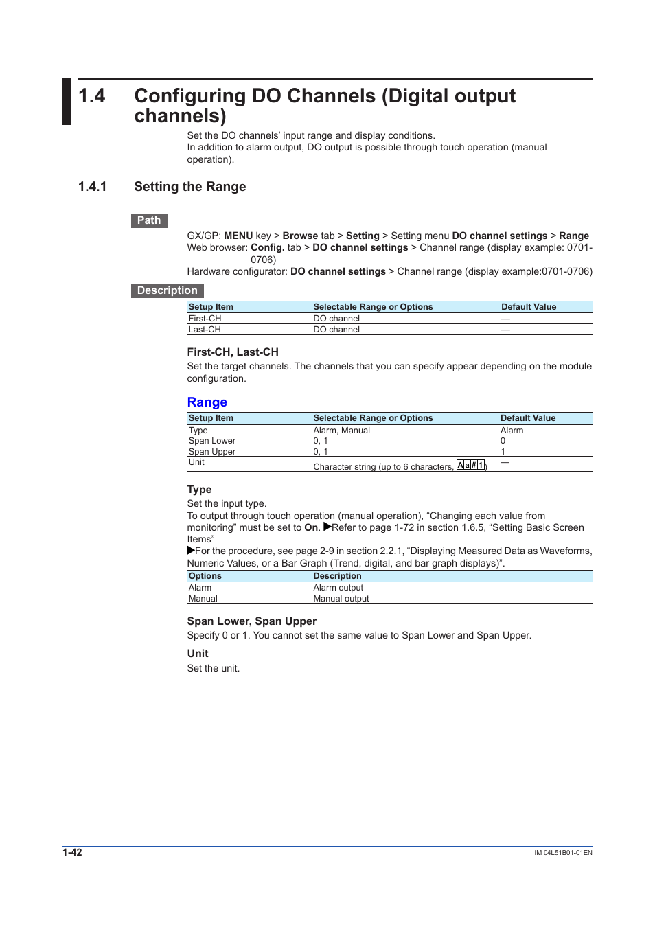 1 setting the range, Setting the range -42, Range | Yokogawa Touch Screen GP20 User Manual | Page 56 / 446