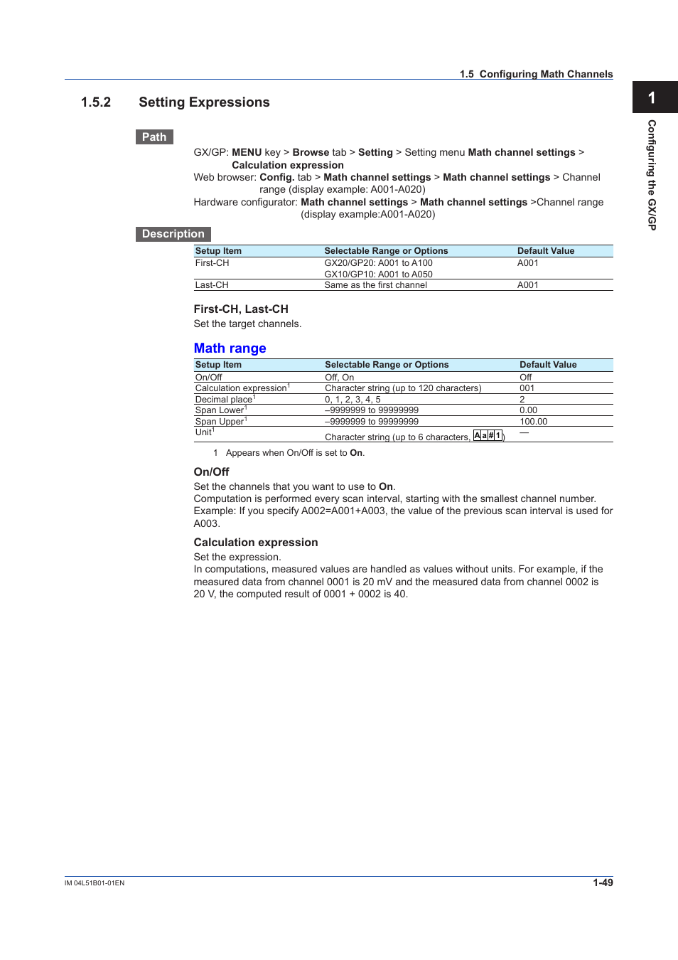 2 setting expressions, Setting expressions -49, App 1.5.2 setting expressions | Math range | Yokogawa Touch Screen GP20 User Manual | Page 63 / 446