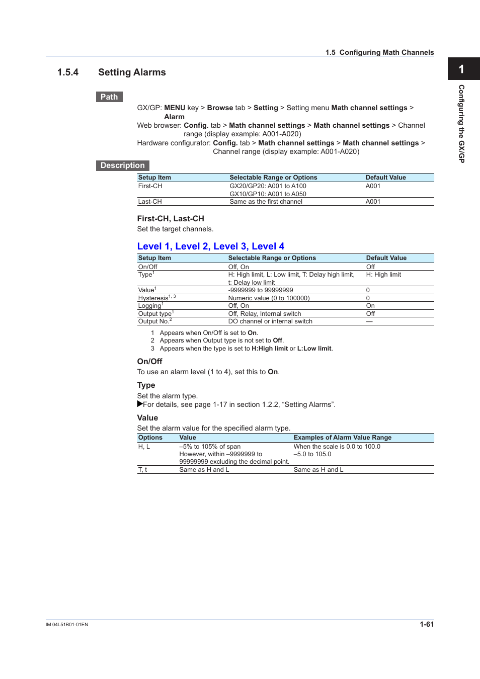 4 setting alarms, Setting alarms -61, App 1.5.4 setting alarms | Level 1, level 2, level 3, level 4 | Yokogawa Touch Screen GP20 User Manual | Page 75 / 446