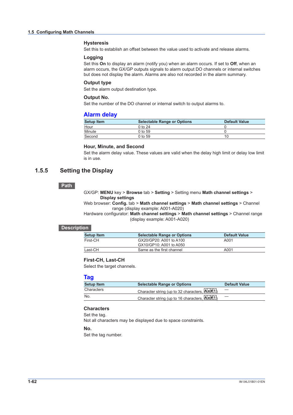 5 setting the display, Setting the display -62, Alarm delay | Yokogawa Touch Screen GP20 User Manual | Page 76 / 446