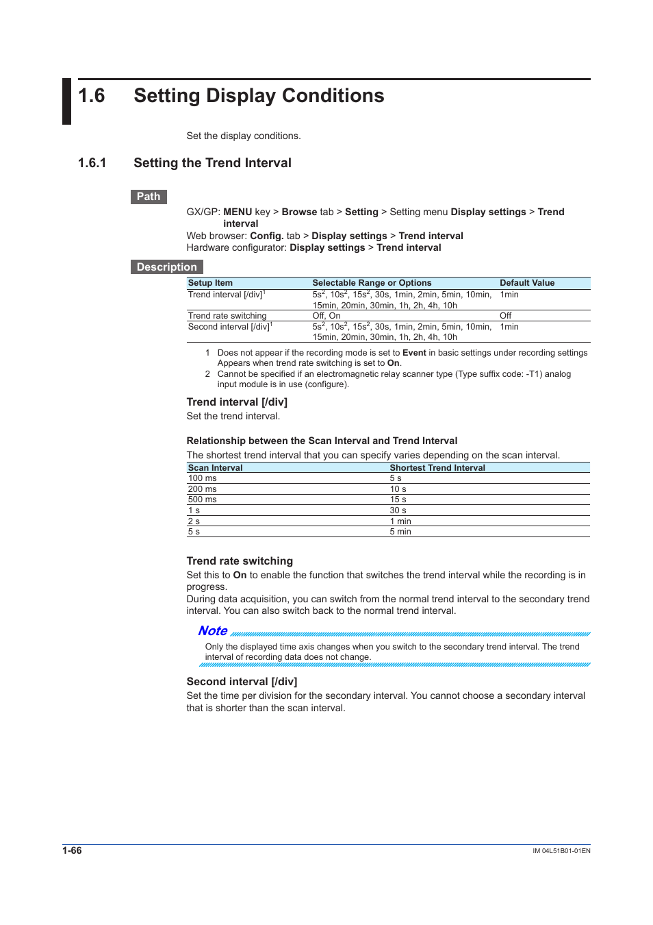 6 setting display conditions, 1 setting the trend interval, Setting display conditions -66 | Setting the trend interval -66 | Yokogawa Touch Screen GP20 User Manual | Page 80 / 446