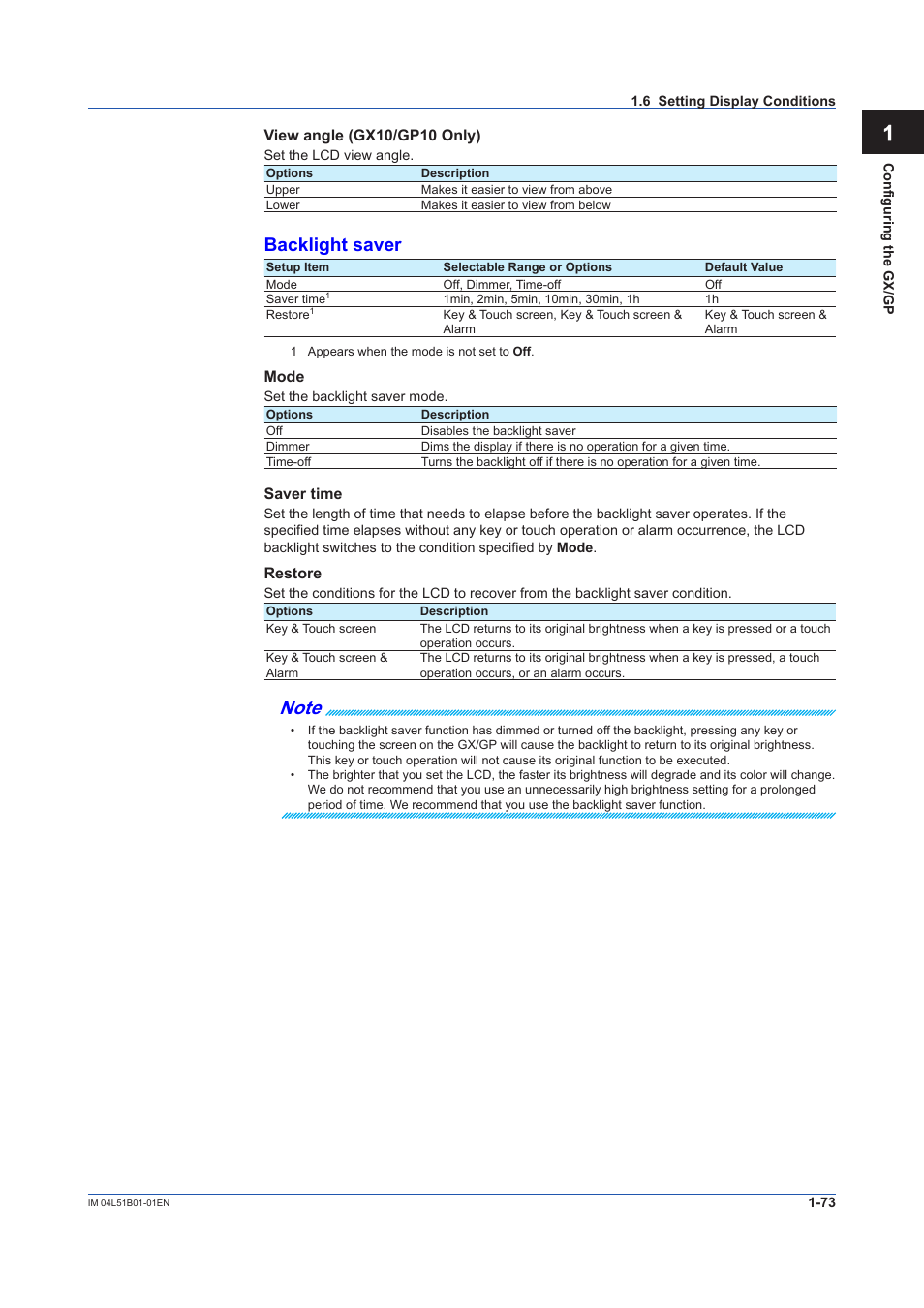 Backlight saver | Yokogawa Touch Screen GP20 User Manual | Page 87 / 446