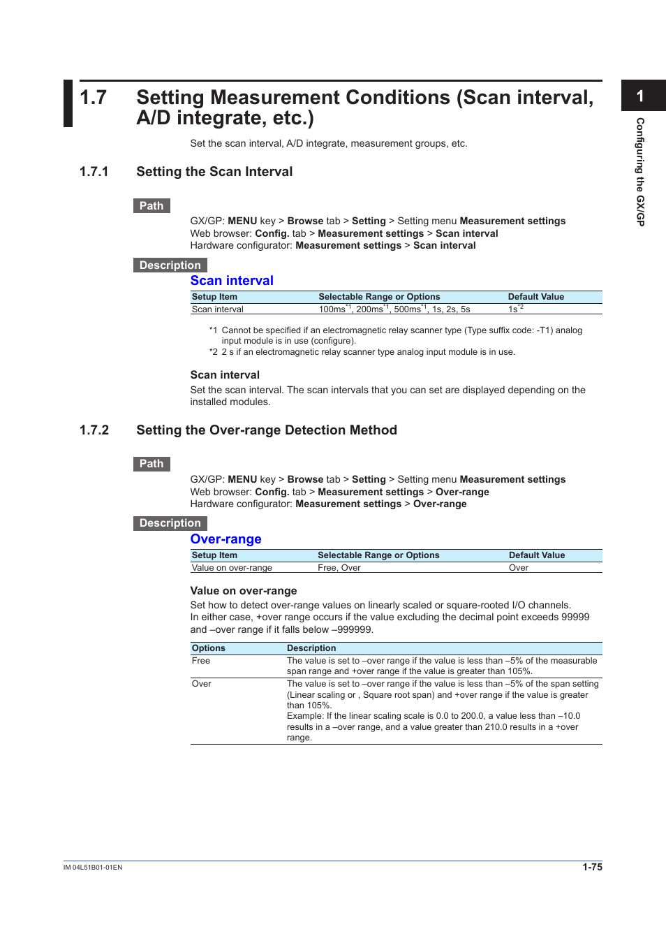 1 setting the scan interval, 2 setting the over-range detection method, Setting the scan interval -75 | Setting the over-range detection method -75, Scan interval, Over-range | Yokogawa Touch Screen GP20 User Manual | Page 89 / 446