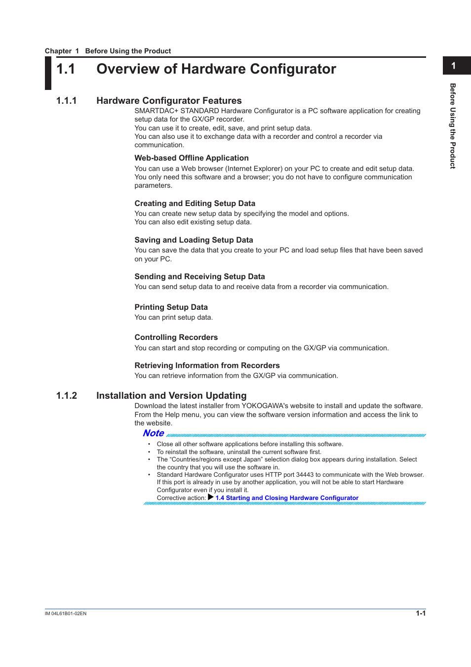 Chapter 1 before using the product, 1 overview of hardware configurator, 1 hardware configurator features | 2 installation and version updating, Overview of hardware configurator -1, Hardware configurator features -1, Installation and version updating -1 | Yokogawa Touch Screen GP20 User Manual | Page 11 / 54