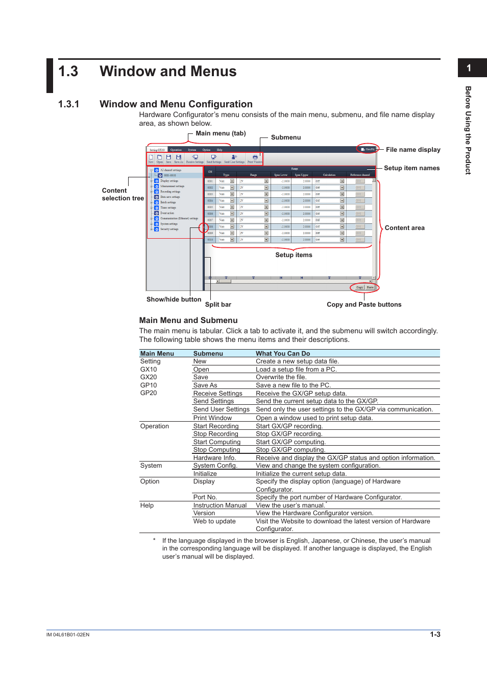 3 window and menus, 1 window and menu configuration, Window and menus -3 | Window and menu configuration -3 | Yokogawa Touch Screen GP20 User Manual | Page 13 / 54