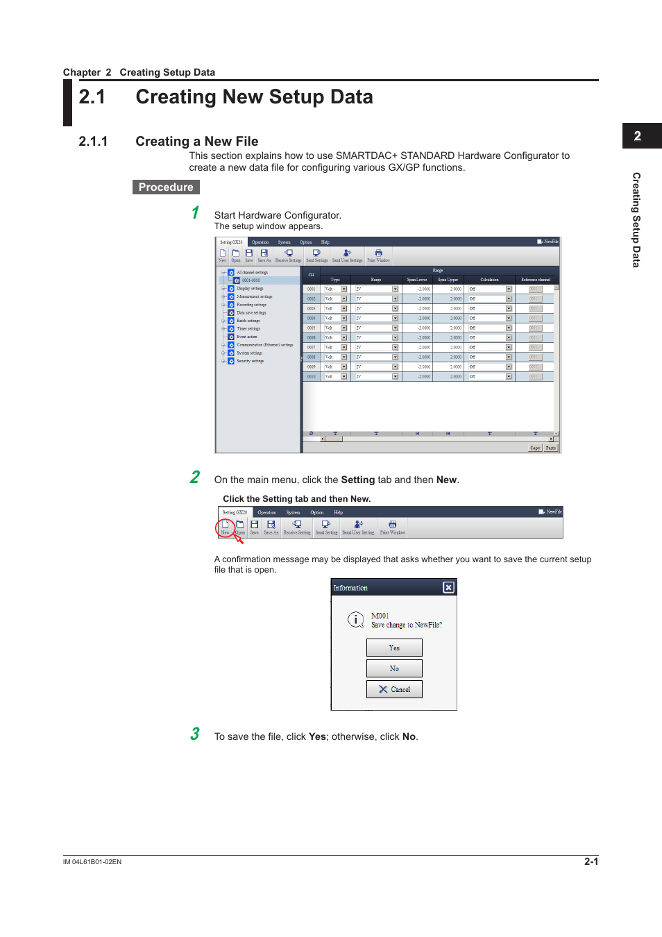 Chapter 2 creating setup data, 1 creating new setup data, 1 creating a new file | Creating new setup data -1, Creating a new file -1 | Yokogawa Touch Screen GP20 User Manual | Page 19 / 54