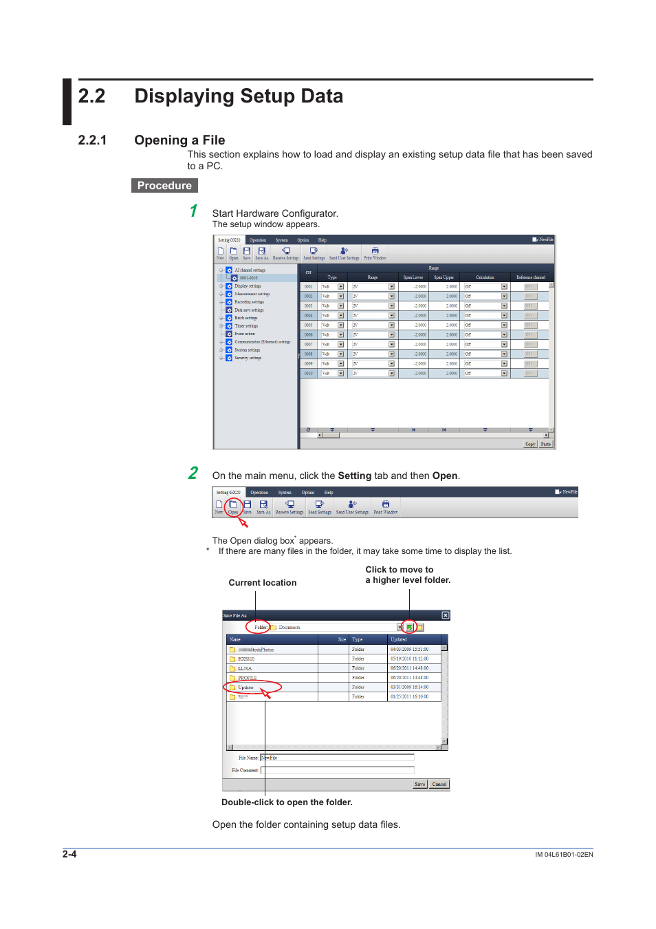 2 displaying setup data, 1 opening a file, Displaying setup data -4 | Opening a file -4 | Yokogawa Touch Screen GP20 User Manual | Page 22 / 54