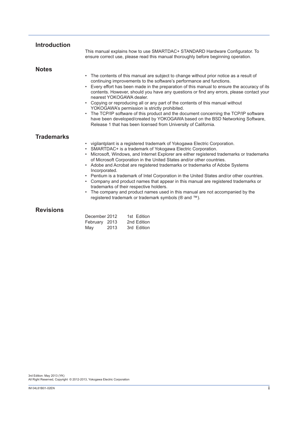 Introduction, Trademarks, Revisions | Yokogawa Touch Screen GP20 User Manual | Page 3 / 54