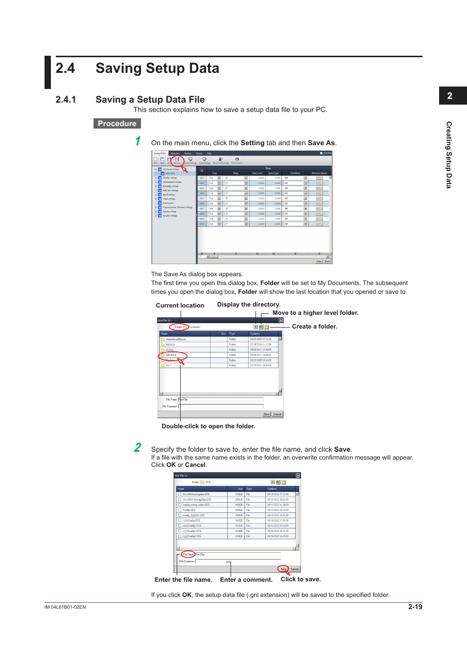 4 saving setup data, 1 saving a setup data file, Saving setup data -19 | Saving a setup data file -19 | Yokogawa Touch Screen GP20 User Manual | Page 37 / 54