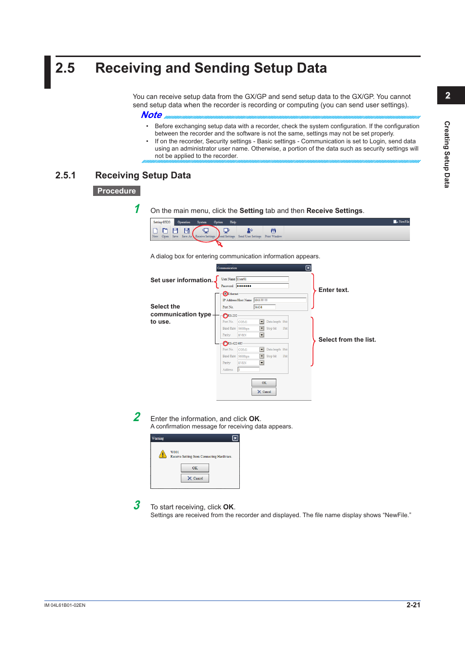 5 receiving and sending setup data, 1 receiving setup data, Receiving and sending setup data -21 | Receiving setup data -21 | Yokogawa Touch Screen GP20 User Manual | Page 39 / 54