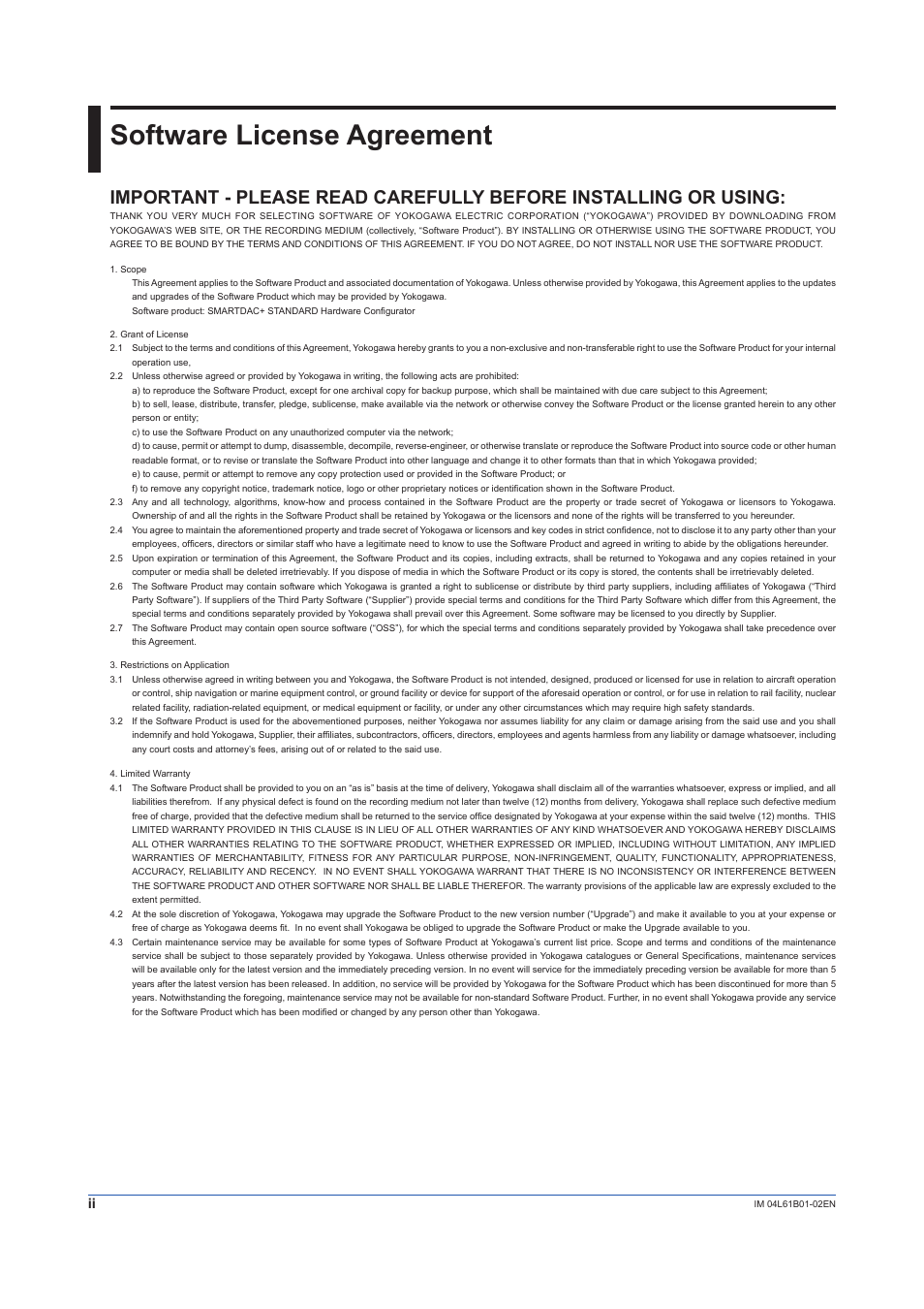 Software license agreement | Yokogawa Touch Screen GP20 User Manual | Page 4 / 54