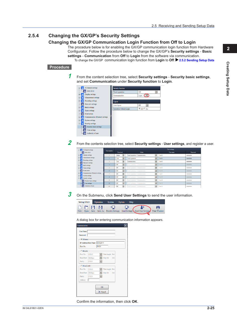 4 changing the gx/gp’s security settings, Changing the gx/gp’s security settings -25, 4 changing the gx/gp’s security | Settings, Changing the gx/gp, Communication login function from off to login, Of section 2.5.4 | Yokogawa Touch Screen GP20 User Manual | Page 43 / 54