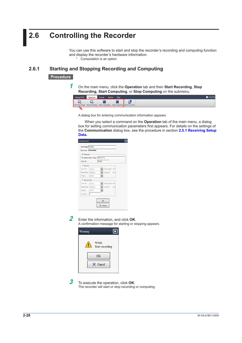 6 controlling the recorder, 1 starting and stopping recording and computing, Controlling the recorder -28 | Starting and stopping recording and computing -28 | Yokogawa Touch Screen GP20 User Manual | Page 46 / 54