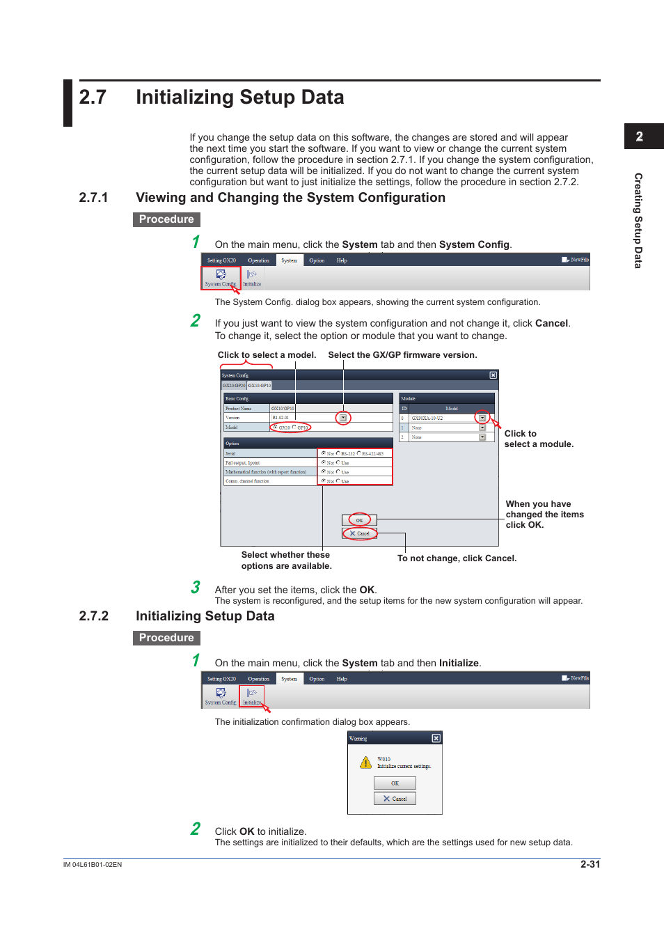 7 initializing setup data, 1 viewing and changing the system configuration, 2 initializing setup data | Initializing setup data -31, Viewing and changing the system configuration -31 | Yokogawa Touch Screen GP20 User Manual | Page 49 / 54