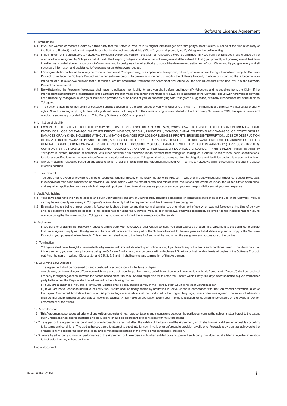 Software license agreement | Yokogawa Touch Screen GP20 User Manual | Page 5 / 54