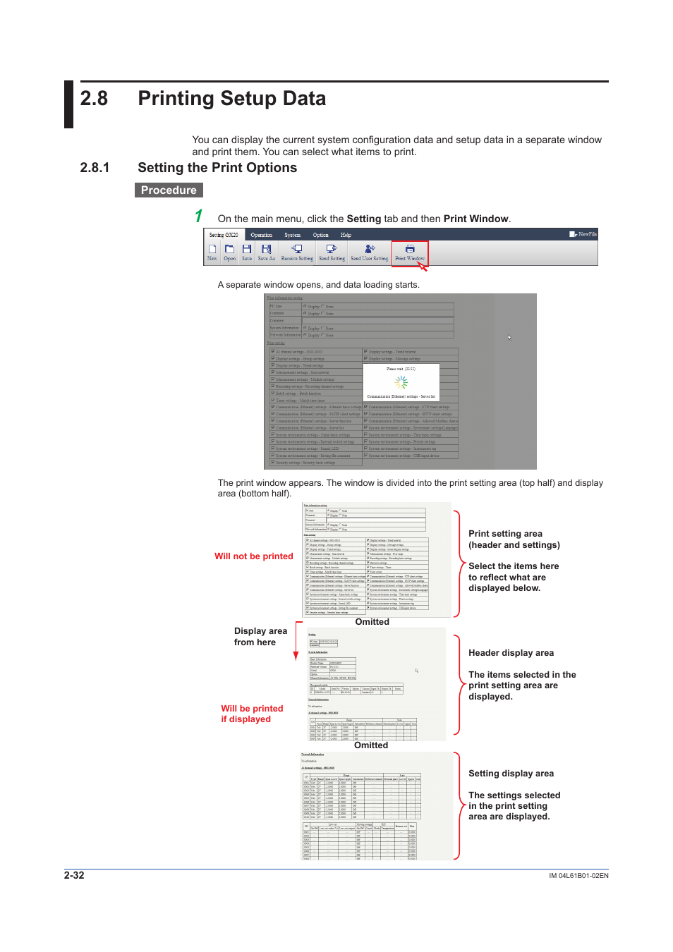 8 printing setup data, 1 setting the print options, Printing setup data -32 | Setting the print options -32 | Yokogawa Touch Screen GP20 User Manual | Page 50 / 54