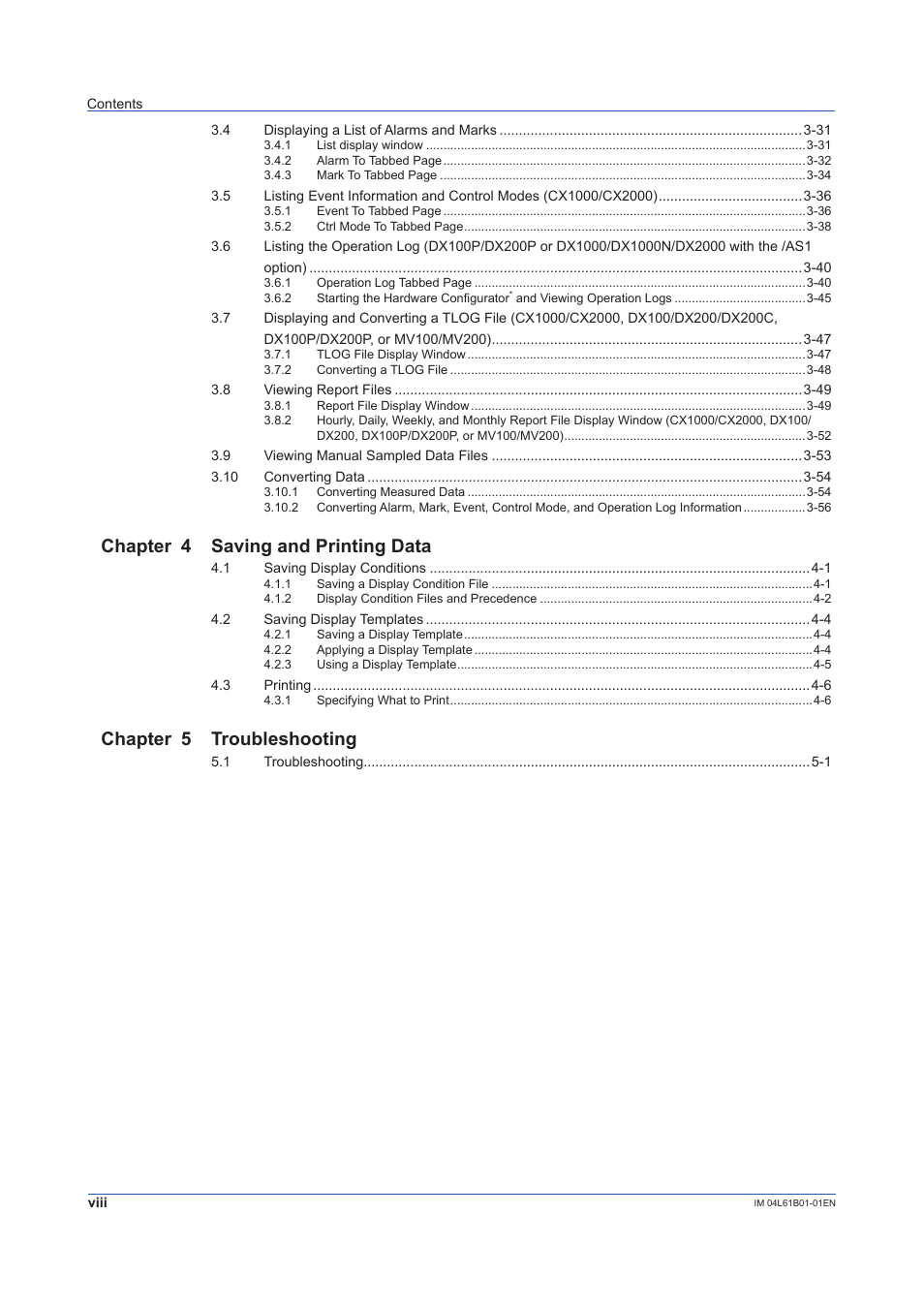Chapter 4 saving and printing data, Chapter 5 troubleshooting | Yokogawa Touch Screen GP20 User Manual | Page 10 / 98